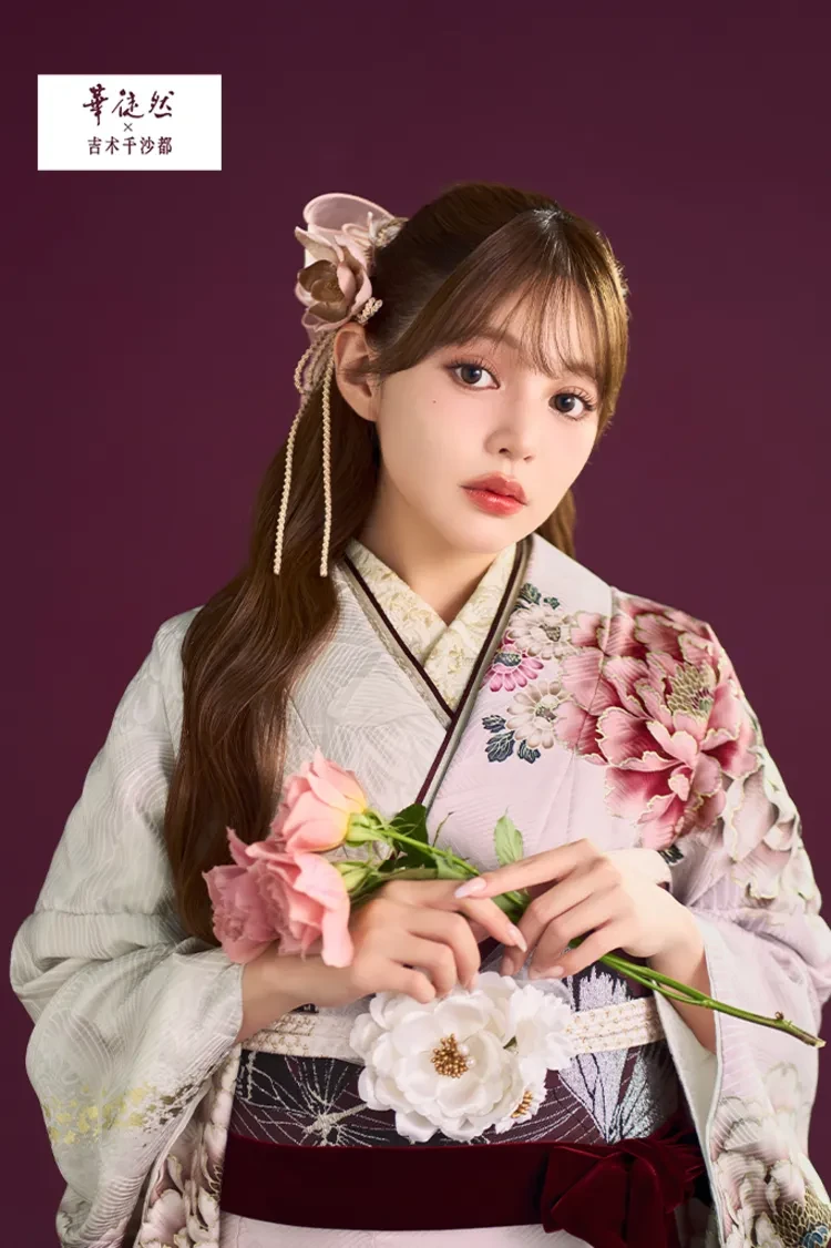 TAKAZENのレンタル振袖 華徒然×吉木千沙都ブランド振袖 くすみピンク 牡丹柄 大人かわいい 古典柄振袖【通販可】K1354