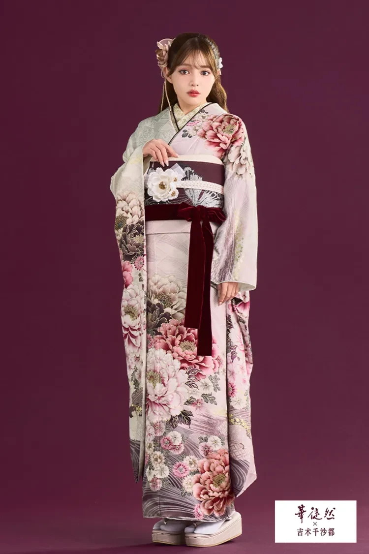 TAKAZENのレンタル振袖 華徒然×吉木千沙都ブランド振袖 くすみピンク 牡丹柄 大人かわいい 古典柄振袖【通販可】K1354