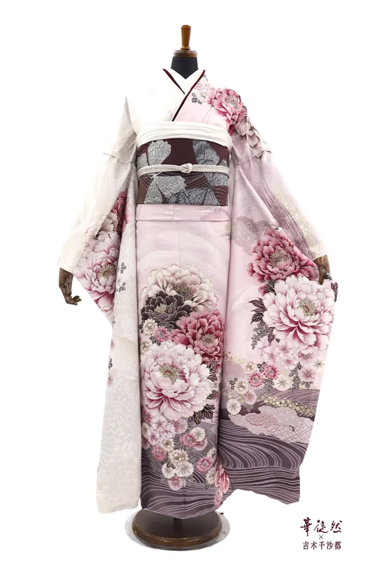 TAKAZENのレンタル振袖 華徒然×吉木千沙都ブランド振袖 くすみピンク 牡丹柄 大人かわいい 古典柄振袖【通販可】K1354