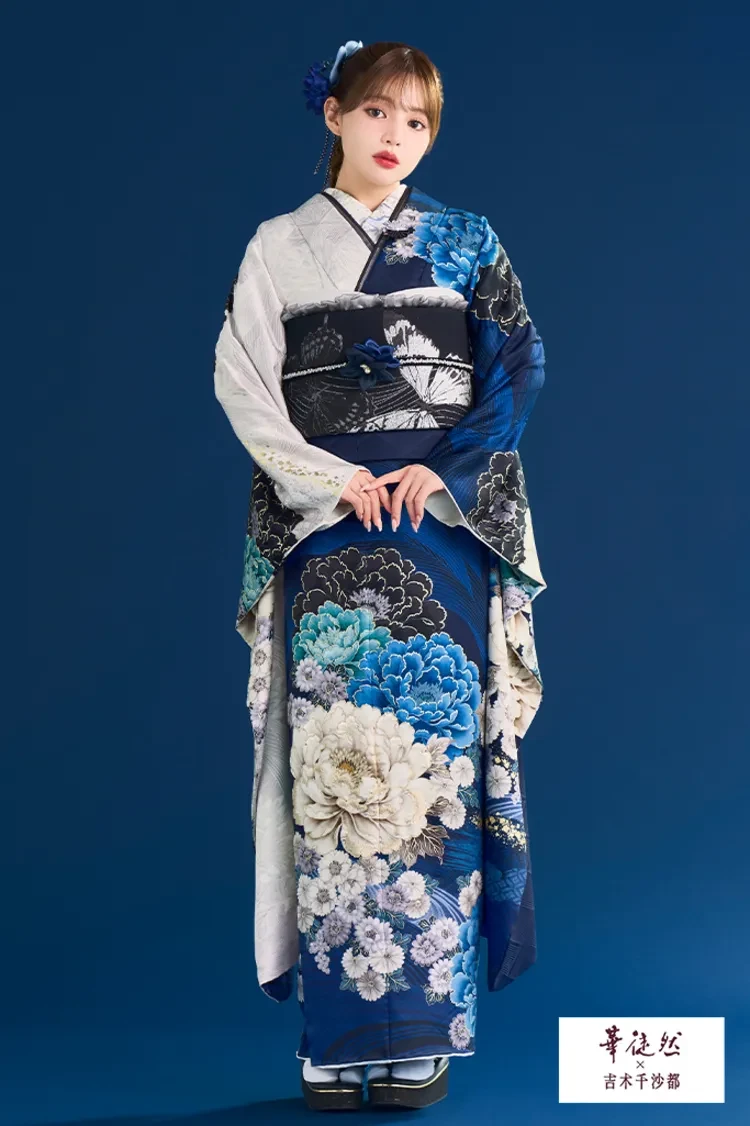 TAKAZENのレンタル振袖 華徒然×吉木千沙都ブランド振袖 鮮やかなブルー/青 牡丹柄 大人かわいい きれいめ古典振袖【通販可】K1355