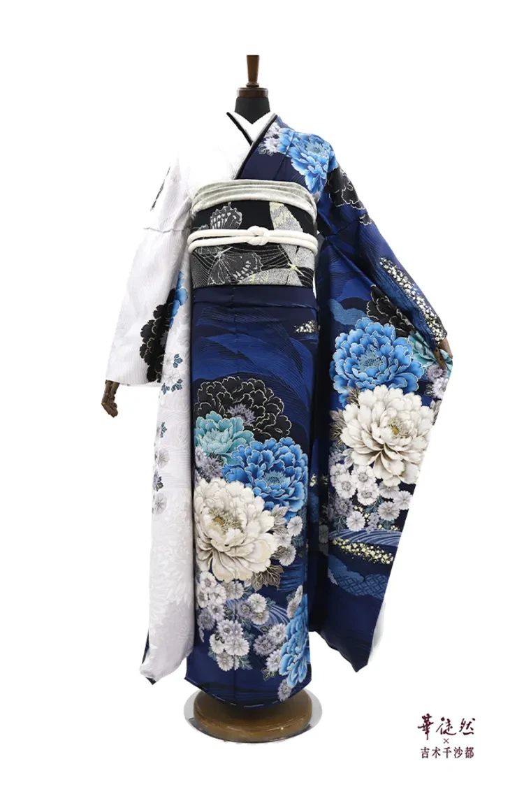 TAKAZENのレンタル振袖 華徒然×吉木千沙都ブランド振袖 鮮やかなブルー/青 牡丹柄 大人かわいい きれいめ古典振袖【通販可】K1355