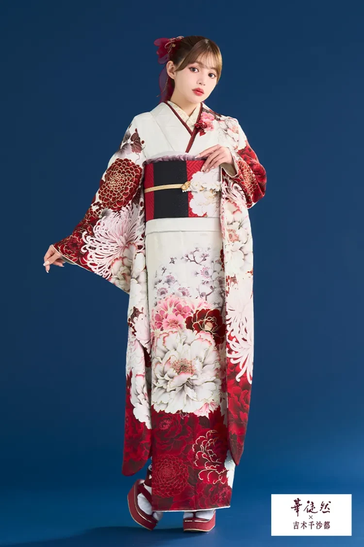 TAKAZENのレンタル振袖 華徒然×吉木千沙都ブランド振袖 白赤 牡丹柄 華やか 王道古典振袖 上品【通販可】K1357