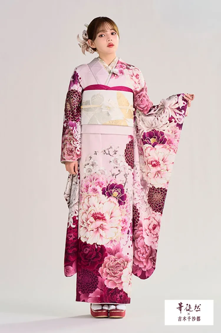 TAKAZENのレンタル振袖 華徒然×吉木千沙都ブランド振袖 ピンク 牡丹柄 華やか かわいい古典振袖【通販可】K1358
