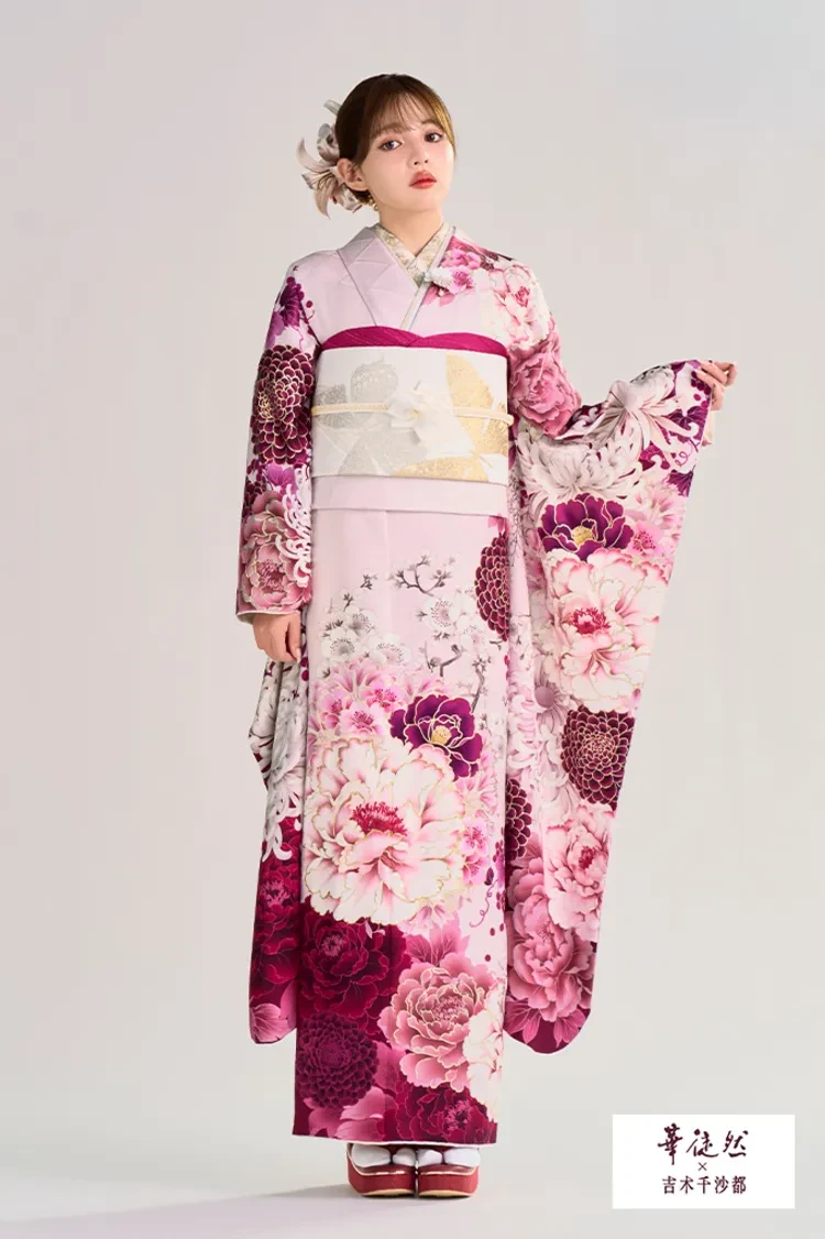 TAKAZENのレンタル振袖 華徒然×吉木千沙都ブランド振袖 ピンク 牡丹柄 華やか かわいい古典振袖【通販可】K1358