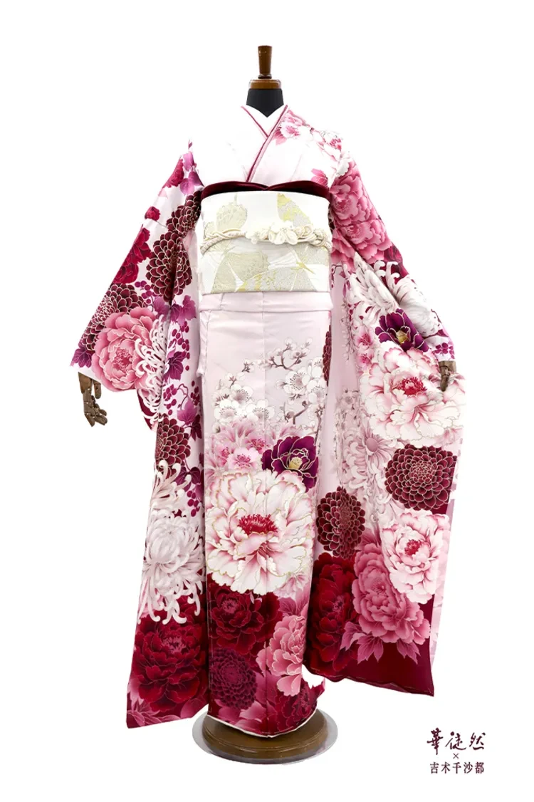 TAKAZENのレンタル振袖 華徒然×吉木千沙都ブランド振袖 ピンク 牡丹柄 華やか かわいい古典振袖【通販可】K1358