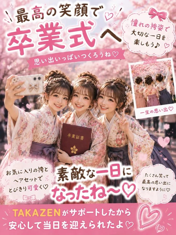 袴姿のお嬢様が友達と笑顔で卒業式の思い出写真を撮影する様子