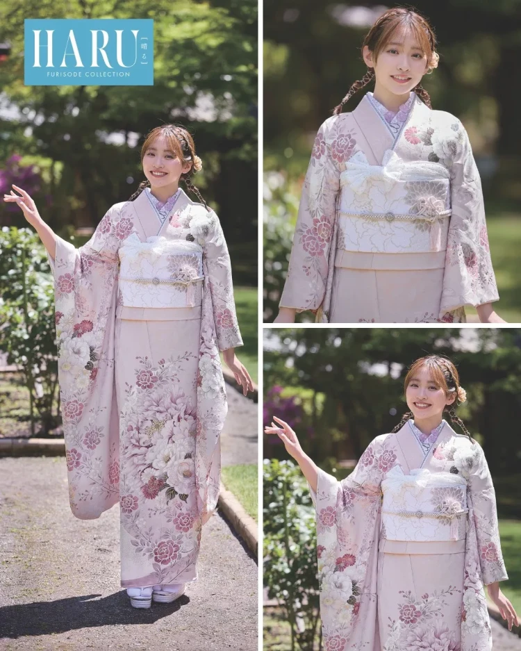 HARU振袖コレクションの淡いピンク色振袖、紫や白の花柄を合わせた可憐でフェミニンな振袖コーデ