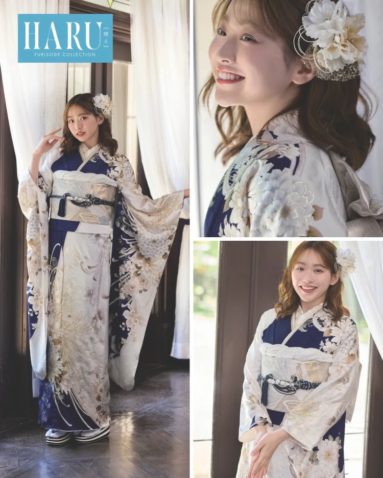 HARU振袖コレクションの紺色と白の振袖、白い大きな花柄とゴールドの帯を合わせた上品な振袖コーデ