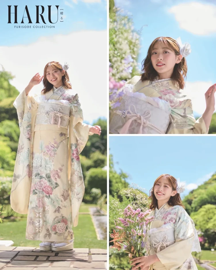 HARU振袖コレクションの淡いベージュ色振袖、ピンクやグリーンの花柄が華やかな上品な振袖コーデ