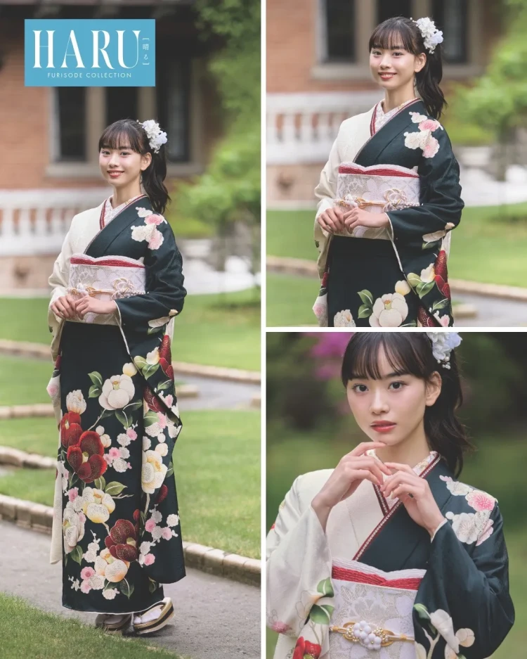 HARU振袖コレクションの黒と白の振袖、赤やピンクの花柄が映える大人っぽく華やかな振袖コーデ