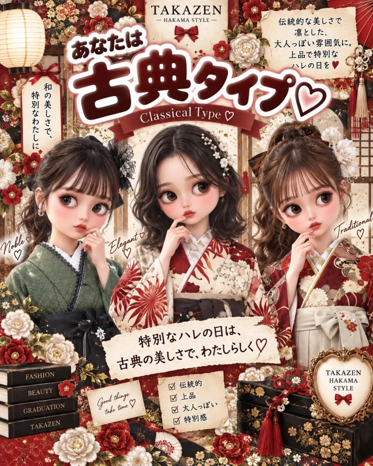 赤や白の古典柄で華やかに仕上げた卒業式袴コーデ