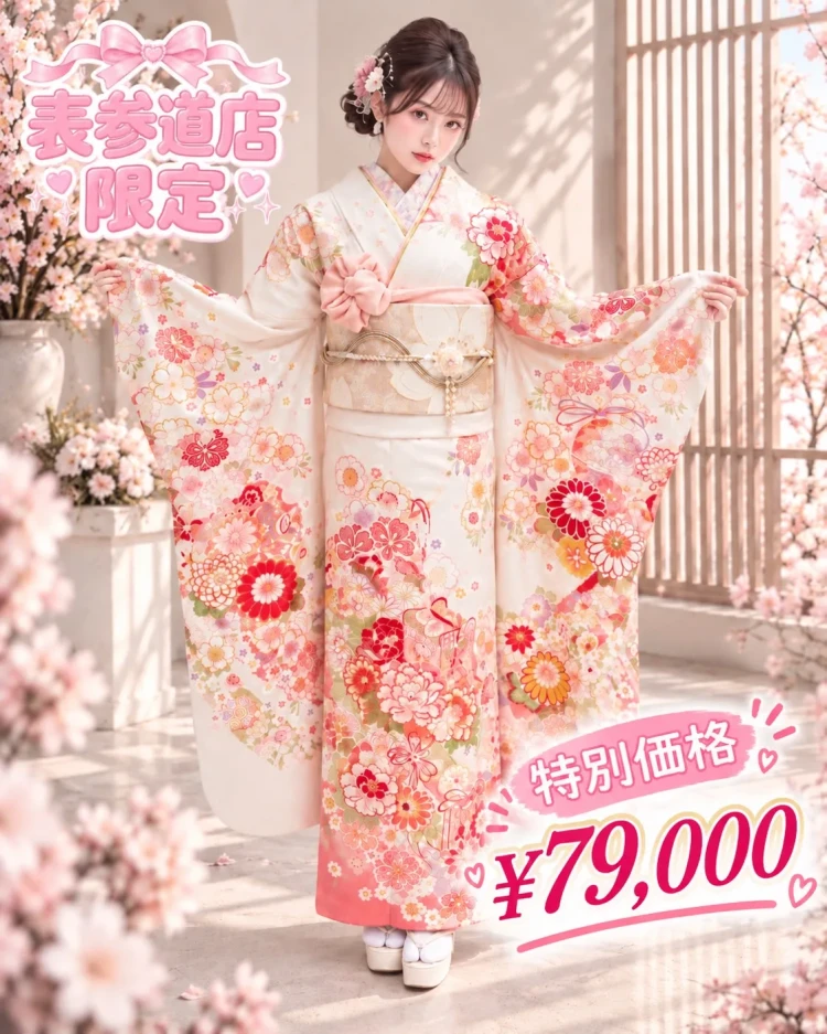 TAKAZEN東京表参道店Flagshipで限定価格の79000円でレンタルできる白色の古典のお振袖をご紹介
