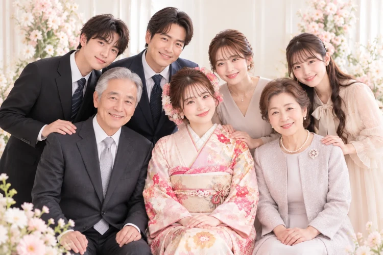 成人式の前撮りで王道の家族写真