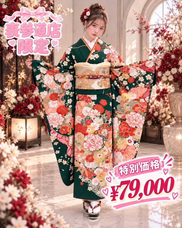 TAKAZEN東京表参道店Flagshipで特別価格の79000円でレンタルできる緑色の古典のお振袖をご紹介
