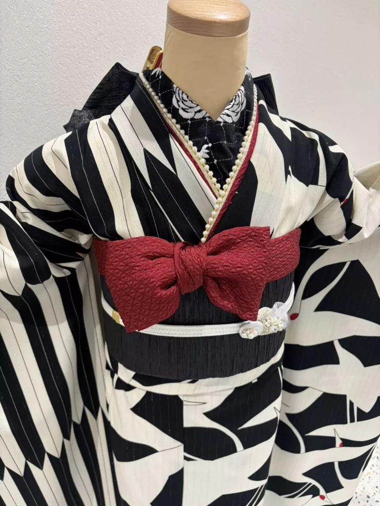 姫路で成人式お振袖をレンタルするならTAKAZEＮ姫路店。黒色×白色のレトロ振袖