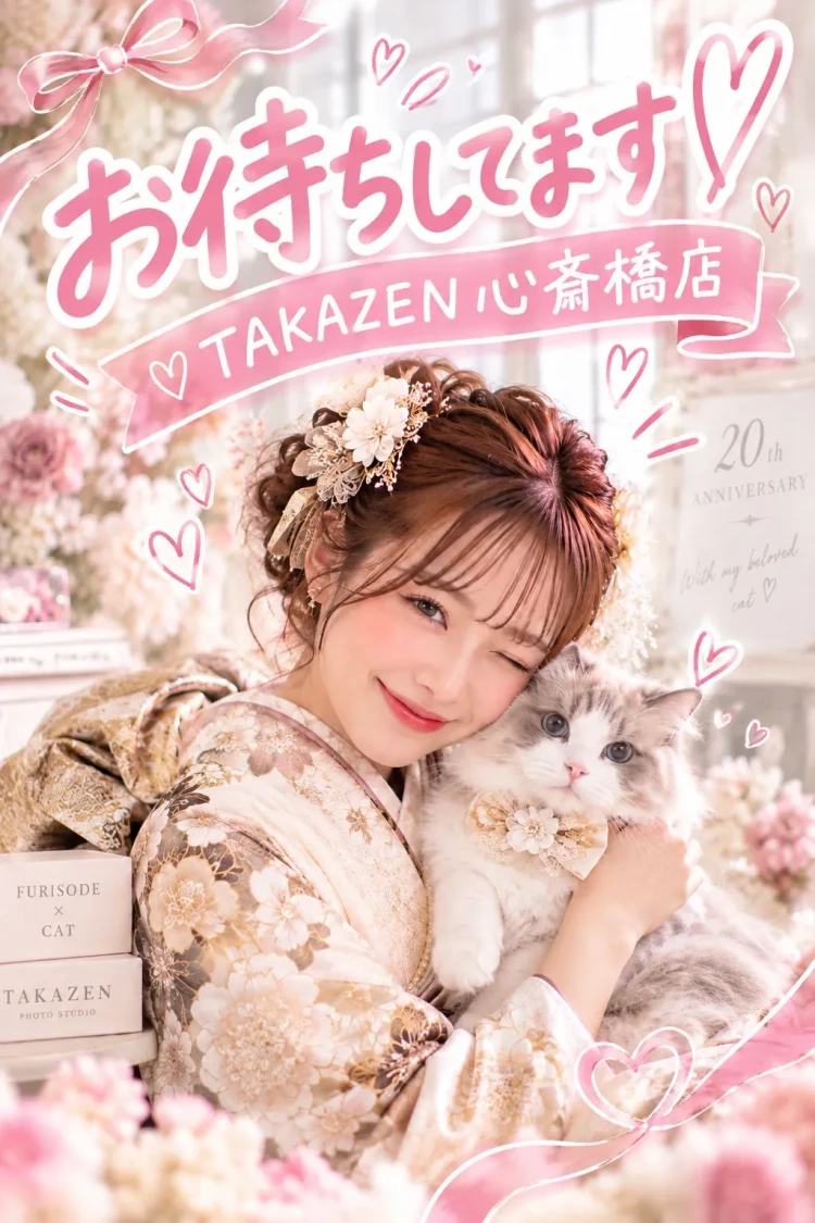 振袖姿の女性が猫と一緒に撮影したTAKAZEN心斎橋店の前撮り写真、お待ちしてますのメッセージ入り