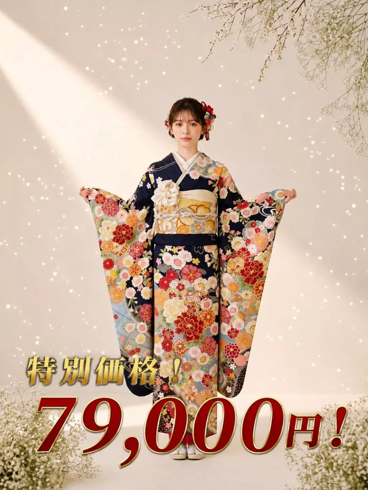 9/1～9/30限定！TAKAZEN姫路店の激安振袖紹介。5着限定の早い者勝ち！王道紺色の 正統派古典柄振袖🌸