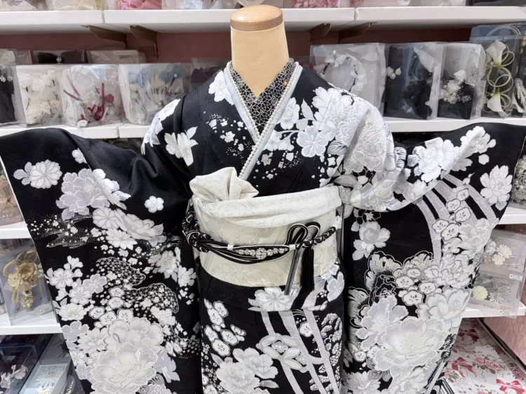 姫路で成人式お振袖をレンタルするならTAKAZEＮ姫路店。振袖ジャンルをご紹介。黒白の関芳のお振袖