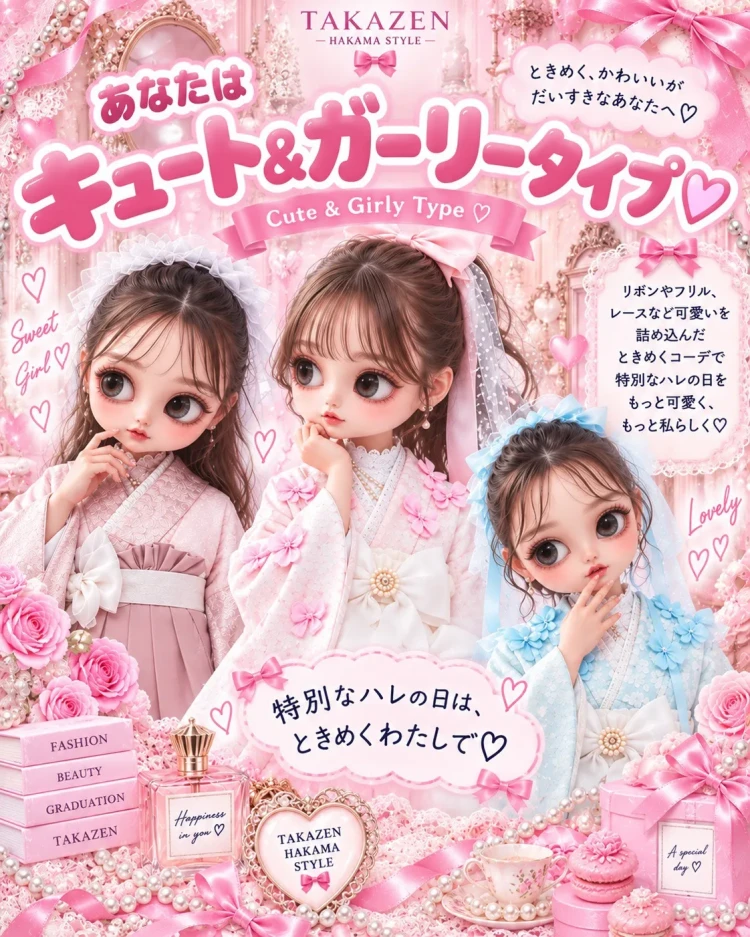 リボンやフリルが可愛いキュート&ガーリータイプの袴コーデ