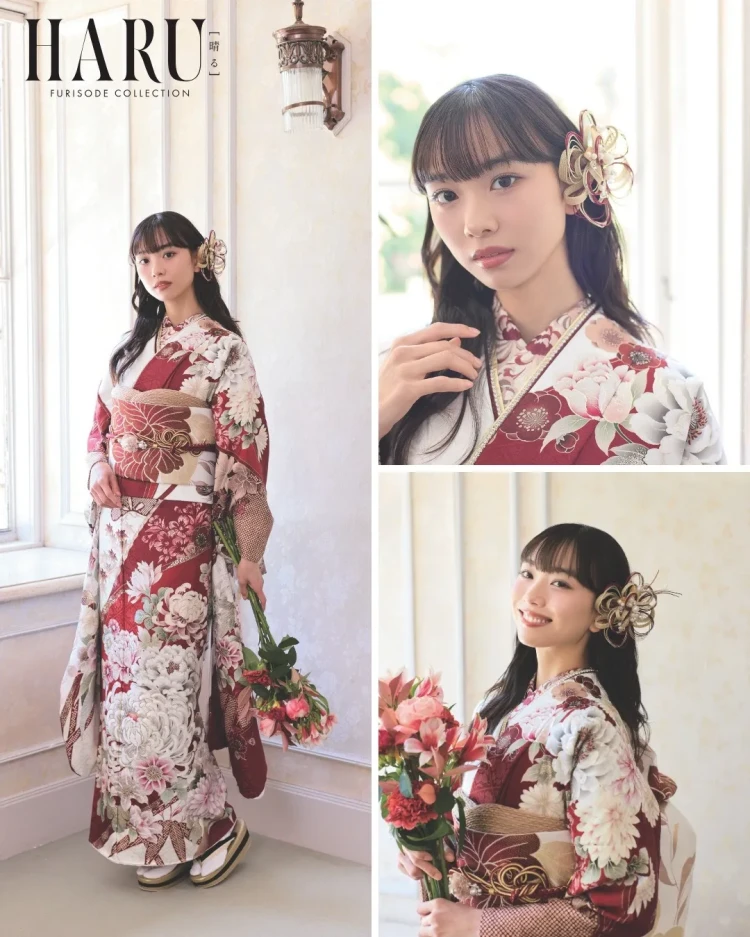 HARU振袖コレクションの赤い古典柄振袖、白い花柄とゴールドの帯を合わせた華やかで大人っぽい振袖コーデ