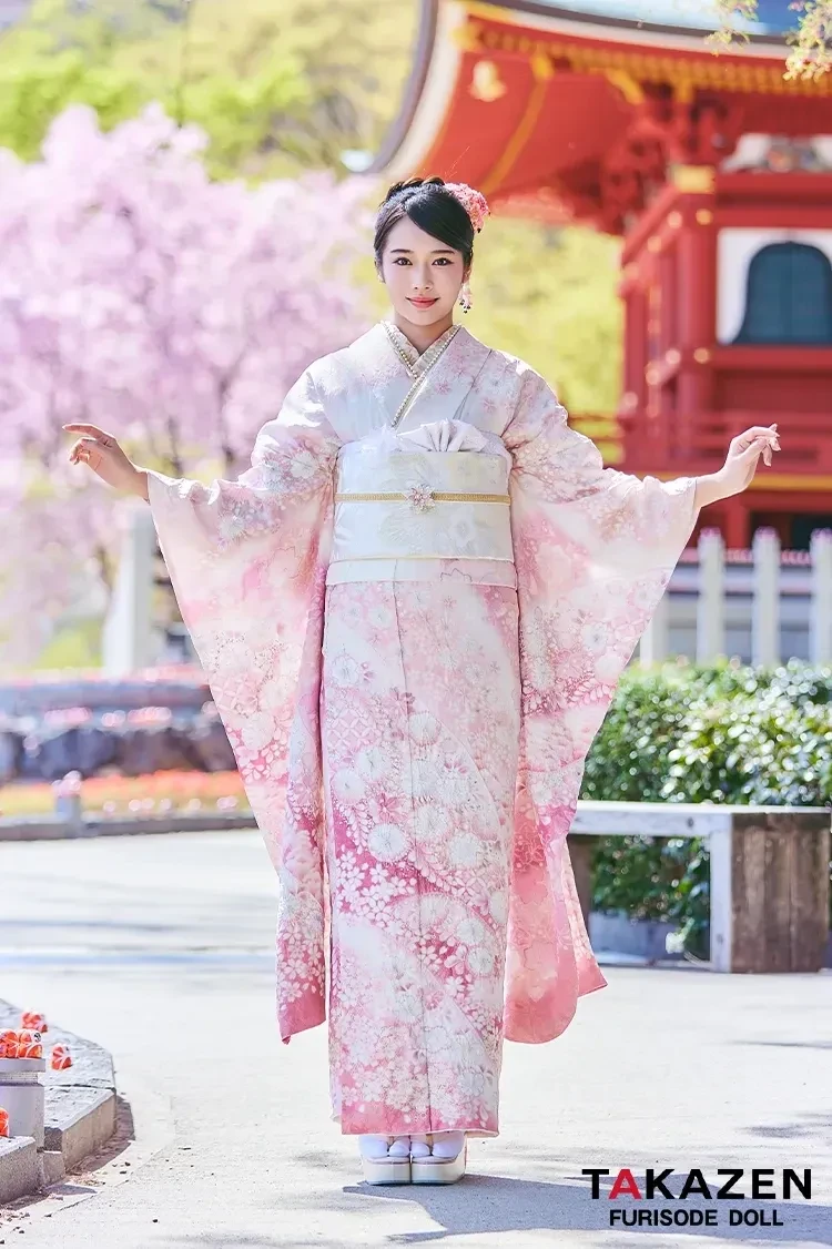 TAKAZEN奈良店で人気のプレミアム古典のピンク色で辻が花が豪華なお振袖のコーディネート例