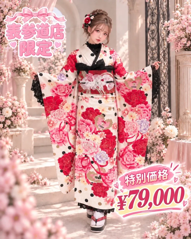 TAKAZEN東京表参道店Flagshipでレンタルできる特別価格のキュートガーリーな白地に水玉のお振袖のご紹介