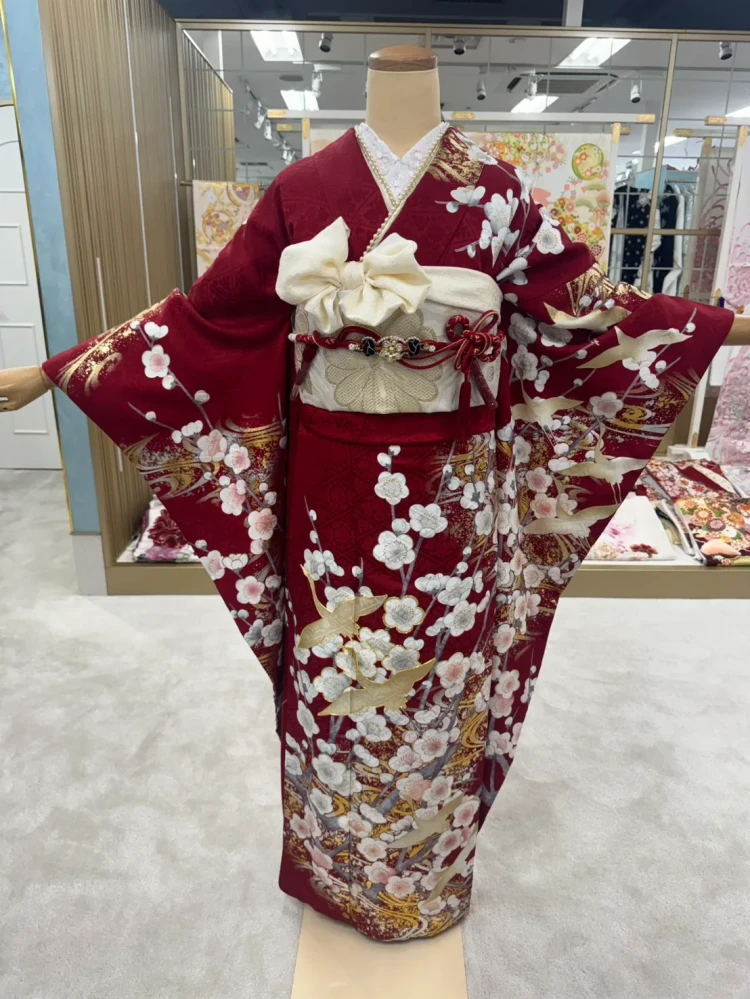 赤色の生地に小柄や鶴があしらわれた、粋で上品な振袖のコーディネート写真。