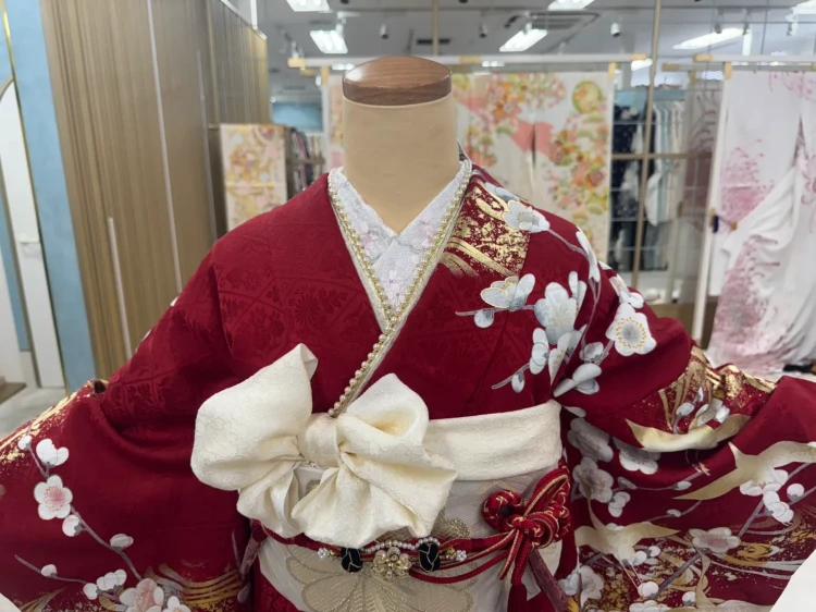 赤色の生地に小柄や鶴があしらわれた、粋で上品な振袖のコーディネート写真。