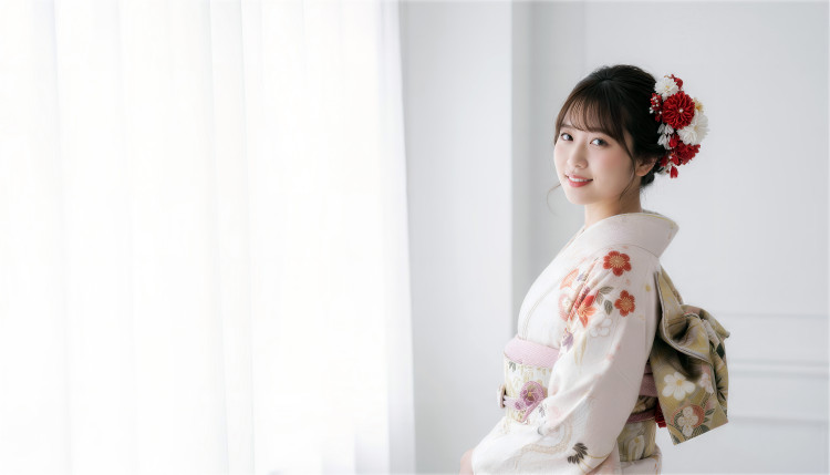 白色の振袖を着用した女性