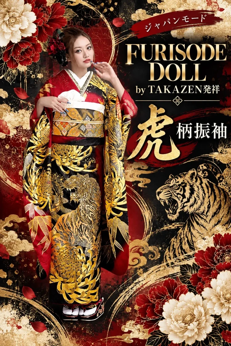 TAKAZEN JAPAN MODEの赤と黒に金色の虎柄をあしらったFURISODE DOLL振袖