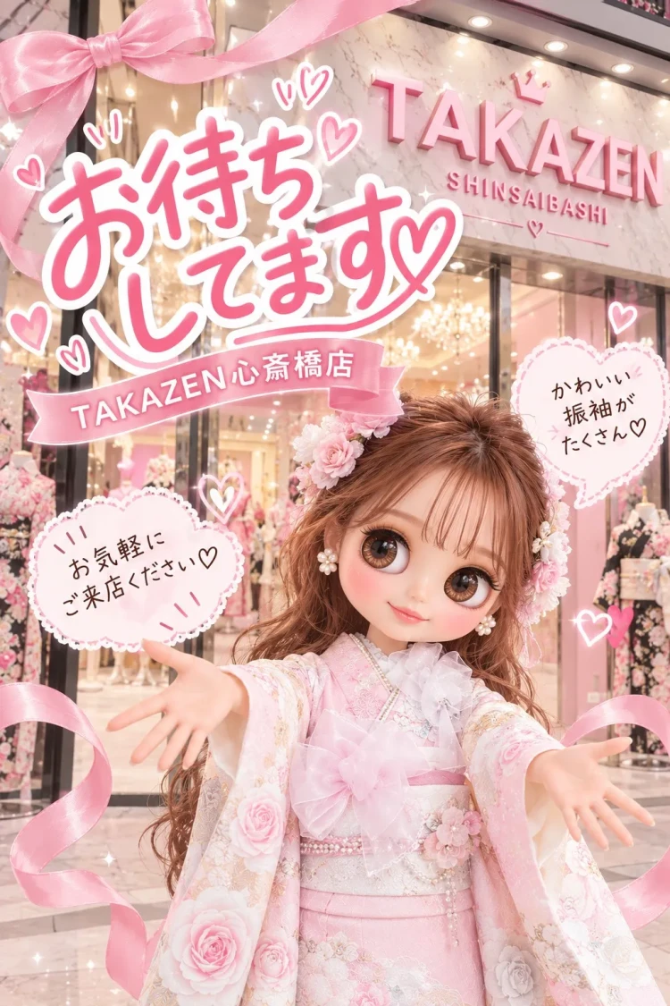 TAKAZEN心斎橋店で振袖選びを案内するブライスドール風の女の子と「お待ちしてます」のメッセージ