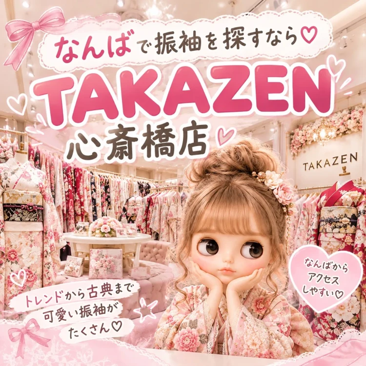 なんばからアクセスしやすいTAKAZEN心斎橋店の店内と豊富な振袖を紹介する画像