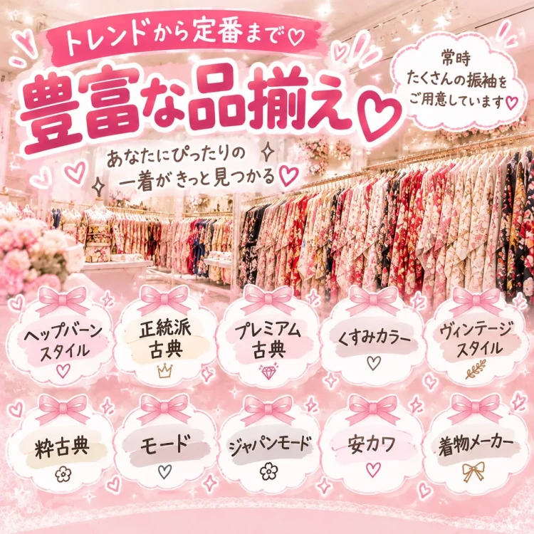 ヘップバーン、正統派古典、プレミアム古典、くすみカラー、ヴィンテージスタイル、粋古典、モード、ジャパンモード、安カワ、着物メーカーの10ジャンルを紹介する振袖店内の画像