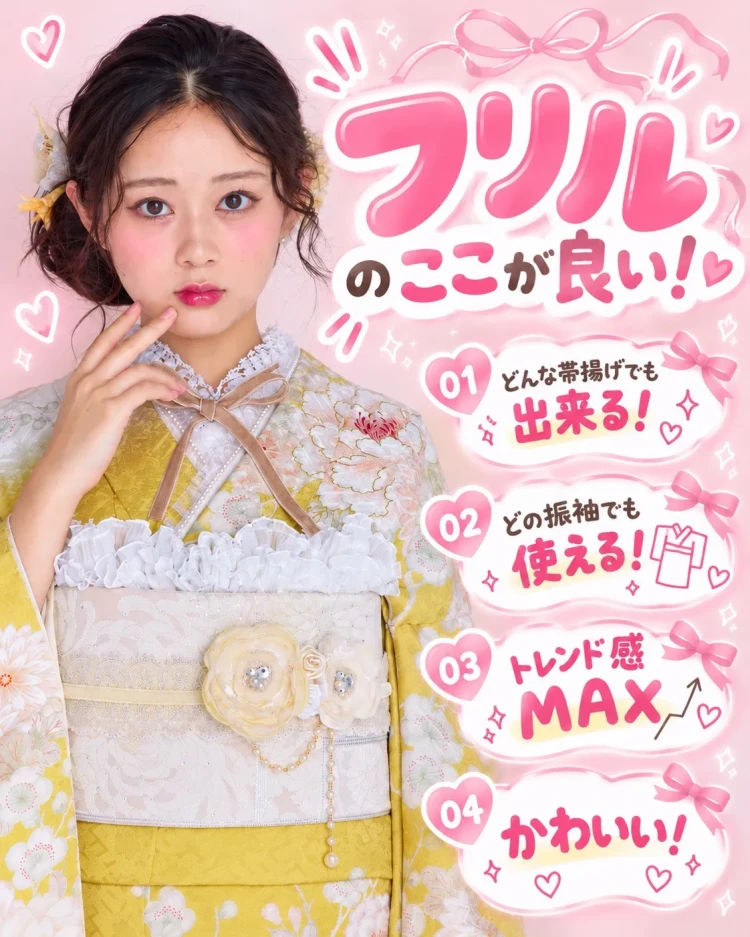 黄色と白の花柄振袖に白いフリルの帯揚げを合わせたガーリーなコーディネート