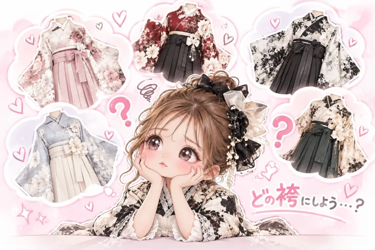 かわいい袴選びに悩むちびキャラの女の子と、さまざまな袴コーディネート