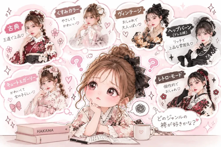 古典柄、くすみカラー、ヴィンテージ、ヘップバーンなど、さまざまな袴スタイルを紹介する画像