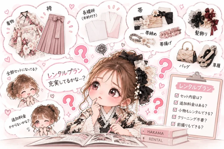 着物や袴、帯、髪飾りなどのレンタルアイテムと、袴レンタルプランを確認する女の子