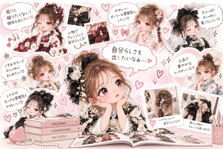 小物アレンジやヘアアレンジで、自分らしい卒業式の袴コーデを考える女の子