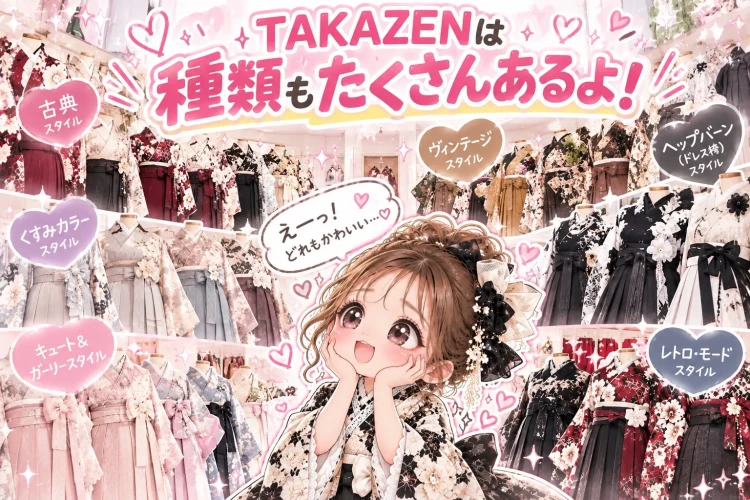古典柄、くすみカラー、ヴィンテージ、ヘップバーン、レトロモードなど、豊富な袴コーデを紹介するTAKAZENのイメージ画像